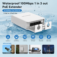 Extensor PoE Impermeable para Exteriores de 100 Mbps y 4 Puertos, IP55, 30 W, 1 Entrada PoE, 3 Salidas PoE, Protección de 6 KV