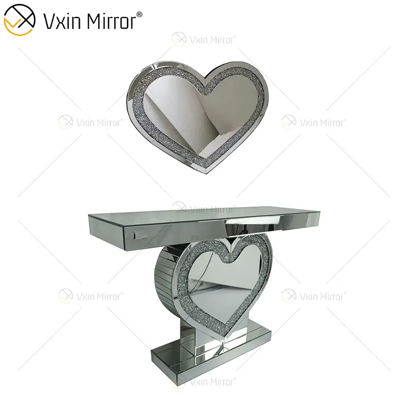 Vxin Pasokan Pabrik Cermin Perak Kristal Desain Hati Meja Konsol dengan Cermin Lorong untuk Furnitur Ruang Tamu