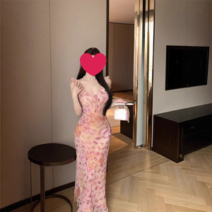French Style Floral Print V Neck Slip Dress Pink Mermaid Maxi Evening Dress Slim Fit Bodycon Skirt - Product Image 5