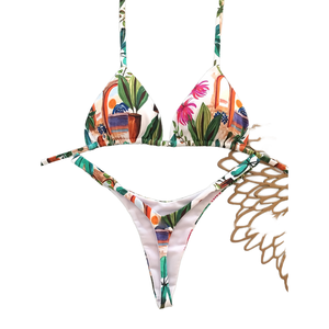 Conjunto de Bikini con Estampado Tropical para Mujer, Top Halter Cruzado, Braguita Tipo Tanga, Traje de Baño de Spandex y Poliéster - Product Image 1