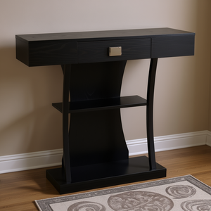Consolle con cassetto e 2 ripiani, in legno nero, stile moderno contemporaneo, per ingresso o soggiorno, con base a piedistallo - Product Image 2