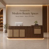 Comptoir de réception vintage en bois et rotin avec éclairage LED d'ambiance, logo personnalisé, bureau d'accueil pour hôtel, chambre d'hôtes, hall