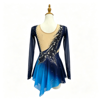 Robe de patinage et de danse bleu marine dégradé pour enfants et adultes, à manches longues en maille, avec strass et jupe en mousseline, pour compétition et spectacle de patinage sur glace