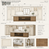 Meubles de cuisine sur mesure de style ferme moderne français, finition crème, avec évier Shaker en argile réfractaire, îlot en chêne avec évier cascade et menuiseries de style manoir