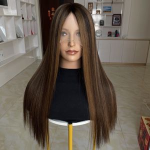 Perruque en cheveux humains russes, brun foncé balayage, avec dentelle naturelle, perruque médicale, ligne de cheveux invisible, vente en gros - Product Image 2