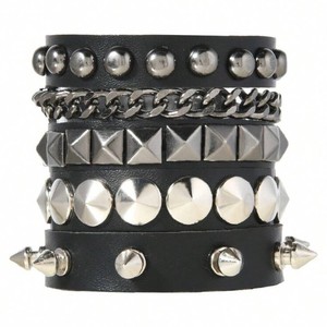 <span class=keywords><strong>Bracelet</strong></span> rond en <span class=keywords><strong>cuir</strong></span> noir pour femmes et hommes, style punk, clouté, bracelets à la mode, bracelets modernes - Product Image 4