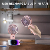 Ventilateur portable multifonction rechargeable par USB, mini, en plastique, avec support pour téléphone, idéal pour le camping, la voiture, le camping-car, l'extérieur, l'hôtel, en anglais
