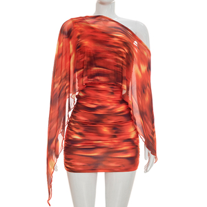 Viviblook Q26DS032 Women Summer <b>Dress</b> Sexy Fashionable Print Asymmetrical One Shoulder Pleated Mini Bodycon <b>Dress</b> - Product Image 1