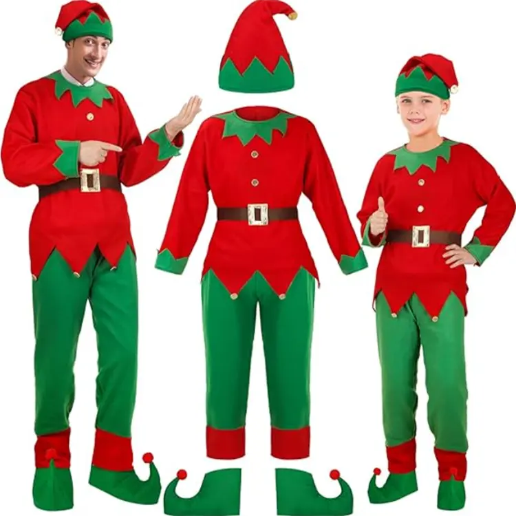 Newcotte Christmas Elf Costume Set Kids Adult Elf Costume Suit Elf Hat Santa Dress Stocking Shoe Belt Xmas