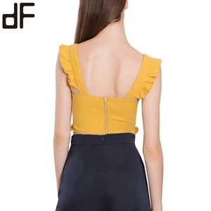 OEM estate Casual fantasia canotta camicie per le donne <span class=keywords><strong>senape</strong></span> di lino giallo svolazzare cinturino in <span class=keywords><strong>camicia</strong></span> Sexy Top corto con motivo intrecciato - Product Image 4