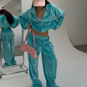 Ensemble deux pièces en velours uni pour femme, coupe ample, avec passepoil contrastant, veste zippée à manches longues et pantalon large, collection automne, personnalisable en usine - Product Image 4