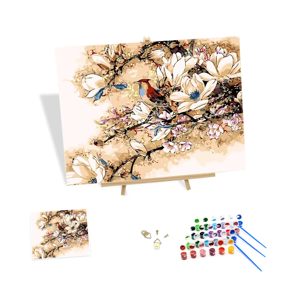 Hoa truyền thống và chim sơn bởi số Bộ dụng cụ tự làm sơn dầu bằng số sơn trên vải tác phẩm nghệ thuật