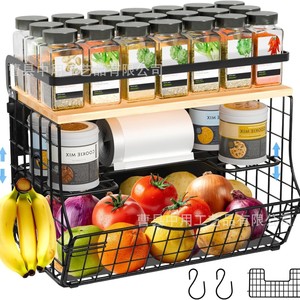 <b>Wall</b> Mounted Kitchen <b>Storage</b> <b>Rack</b> With Wooden Top Black <b>Wire</b> Mesh Organizer For Fruit And Tea Bag <b>Storage</b> - Product Image 2
