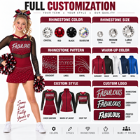Ensemble d'uniforme de cheerleading bordeaux personnalisé avec manches en maille ornées de strass thermocollants, résistant aux chutes et optimisé pour la performance