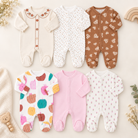 100% Katun Lembut Gaya Eropa Baju Bayi Baru Lahir dengan Kaki Terpasang Set 3 Potong dengan Cetakan Kartun untuk Usia 0-9 Bulan Pasokan Grosir