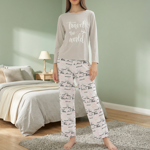 Pyjamas décontractés pour femmes, fabrication ODM, 100 % coton, tissu jersey doux et lisse, taille élastique, col floral, été-printemps - Product Image 3