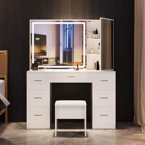 Coiffeuse Moderne de Luxe avec Miroir Éclairé, Rangement Multi-Niveaux, Design Simple et Panneau en Bois - Product Image 1