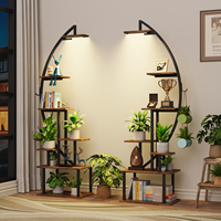 Support de Plantes LED Moderne en Forme de Croissant de Lune à 5 Niveaux, sur Pied, avec Éclairage de Croissance, en Bois et Métal, Présentoir d'Intérieur, Vente en Gros Usine