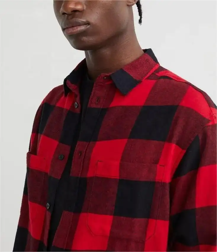 Longna factory custom design long sleeve red and black plain shirt 100 percent cotton twill plaid flannel check shirt for men