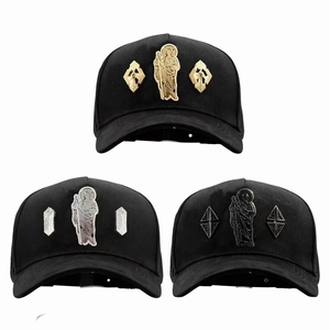 Casquette de baseball vintage noire délavée à 5 panneaux, style ethnique hip-hop, avec figurine <span class=keywords><strong>Saint</strong></span> Jude en métal argenté et écussons croix en cristal scintillant, respirante - Product Image 1