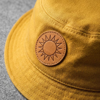 Chapeau Bob Tendance Jaune Moutarde en Coton avec Patch en Cuir Logo Soleil, Casquette de Pêcheur Unisexe pour l'Été, Style Mode Plage et Extérieur