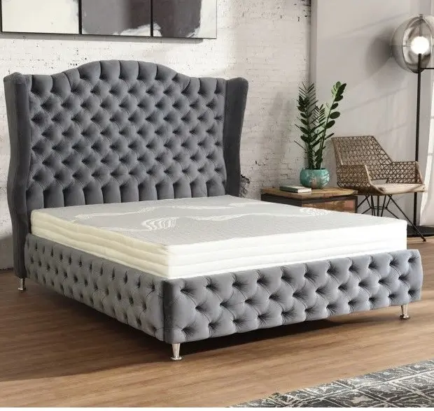 Cadre de lit simple et grand, style moderne, avec ailes arrière, en tissu velours, chignons gris, pour lit à boutons