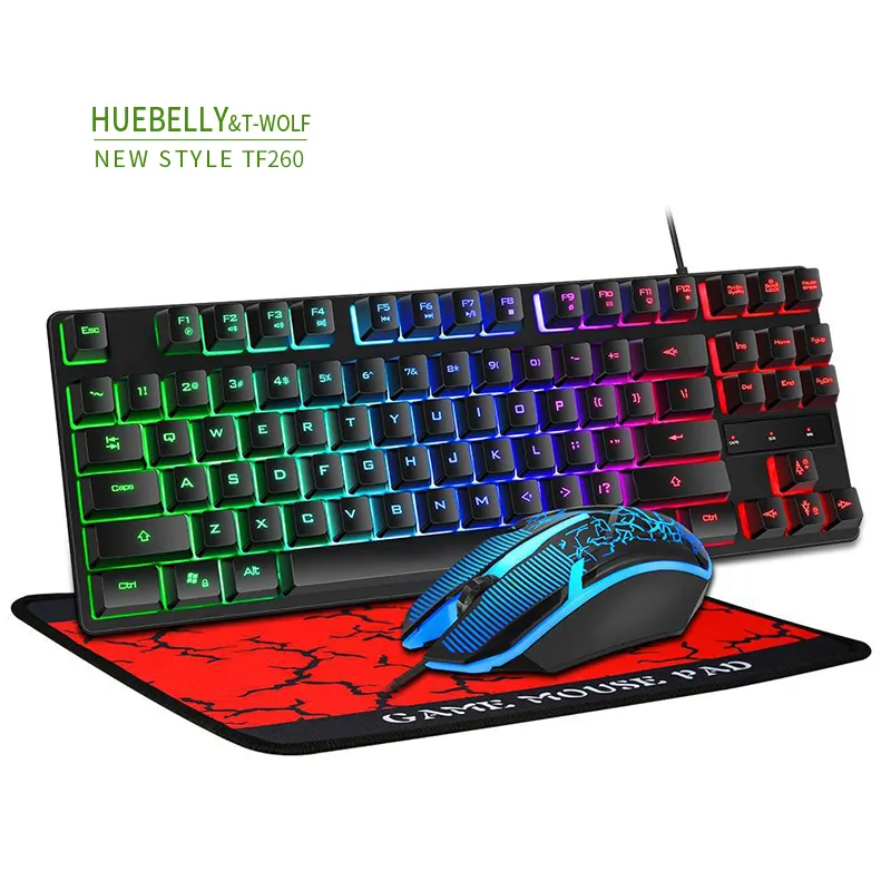 TF260 Wirled 87 Tombol LED Permainan Backlit Kombo Keyboard dan Mouse Notebook Rumah Komputer Desktop Set Keyboard Gaming Terbaru