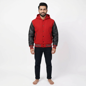 <b>Red</b> <b>Wool</b> Leather Sleeves Varsity Letterman Bomber Jacket Front Logo Stand Collar High Street Style Winter - Product Image 1
