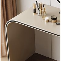 Bureau de toilette moderne en forme de U avec miroir LED rond et armoire latérale cylindrique à 2 tiroirs pour chambre à coucher.