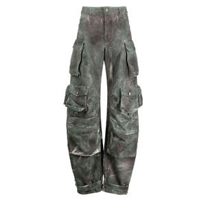 Calça cargo camuflada feminina, bolsos múltiplos na moda verde de cintura alta calça larga