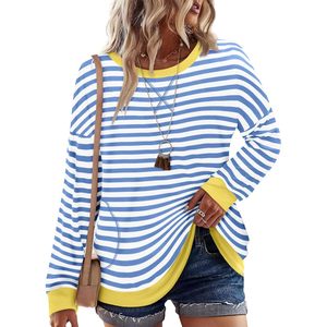 FOXA Blusa de manga larga a rayas para mujer, talla grande, con bolsillo, azul, amarillo, 3XL - Product Image 1