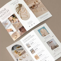 Échantillon de brochure produit pliée en trois avec logo personnalisé imprimé, papier couché/artistique, impression offset, pelliculage.