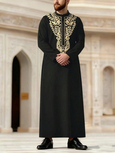 CCY 2026 Qamis <span class=keywords><strong>noir</strong></span> pour hommes arabes saoudiens, à manches longues et col montant, style Kaftan, Jubba islamique, Thobe musulman, Abaya brodée - Product Image 4