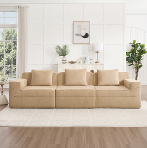 Canapé d'angle modulable 3 places convertible, sectionnel Cloud, assise profonde, avec coussins décoratifs modernes, en tissu velours côtelé camel - Product Image 2