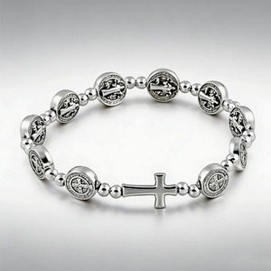Pulseira de Hematita com Crucifixo e Contas de Metal de São Bento, Elástica - Product Image 4