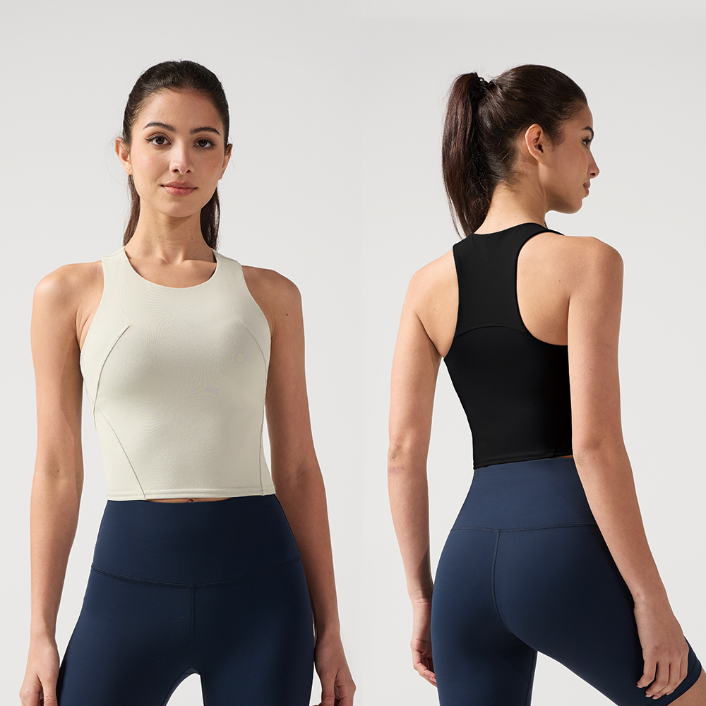 Women's Round Neck Yoga Tank Top with Built-in Chest Pad High Support Shock Absorbent Side Arm Containment Racerback Sports Top