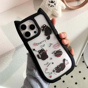 Funda Negra con Orejas de Gato 3D para iPhone 16 15 Pro Max 14 13 Plus 12 11, Transparente, Antigolpes, Acrílico Duro - Product Image 5
