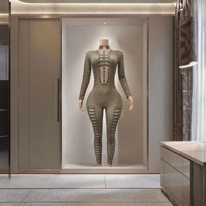 Combinaisons moulantes sexy à imprimé rayé et strass pour femmes, tenue respirante de printemps, tenue de soirée, body pour la scène, danseuse - Product Image 3