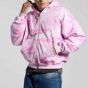 Sudadera con capucha de forro polar para hombre, personalizada, con cremallera bidireccional, estilo vintage, lavado ácido, camuflaje Bottomland Leaf Woodland, color rosa - Product Image 1