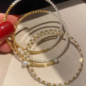 18K Solid Gold Half Beaded Ball Half Pearl Opening Bangle Bracelet Charm Bracelet Women Latest Trendy Fashion Bracelet