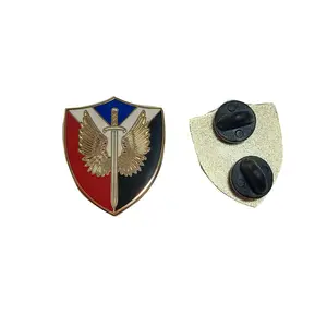Customized Polished gold badge sword with logo high quality shield shape lapel pin