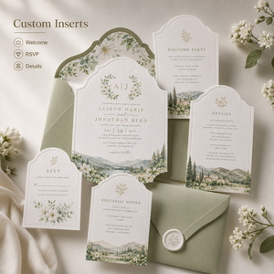 Set di Inviti Matrimoniali Personalizzati Stile Campagna Italiana, Design Elegante con Colline ad Acquerello e Motivi Floreali, con Monogramma in Lamina d'Oro - Product Image 6