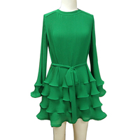 Robe Courte Plissée à Col Rond et Manches Longues, Élégante, avec Volants et Ceinture, Coupe Évasée, pour Femme, Style Décontracté