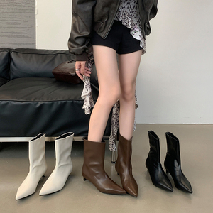 2025 Summer Boots Simple Elegant All-Season Solid Color Low Heel Soft Leather Short Sleeves - Product Image 1