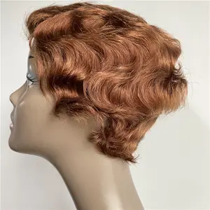 Brazilian Remy Hair Short Wet and Wavy Pixie Cut Wig Ocean Wave Finger Wave None Lace Human Hair Wig for Black Women