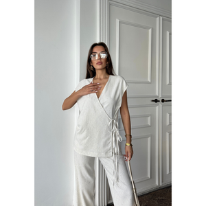 Ensemble chemisier et pantalon en lin brut à sequins, blanc, taille S pour femme - Product Image 4