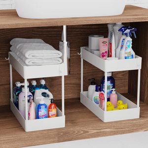 Under <strong>Bathroom</strong> <strong>Sink</strong> <strong>Storage</strong> 2 Tier Organizer Bath Collection Baskets White Under <strong>Sink</strong> Cabinet Organizer with Hooks - Product Image 5