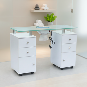 Table <span class=keywords><strong>de</strong></span> manucure portable blanche moderne et économique pour écoles, spas, salons <span class=keywords><strong>de</strong></span> beauté et usage commercial, avec plateau en verre, ventilateur d'extraction et dépoussiéreur - Product Image 1