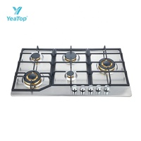 Cuisinière à gaz encastrable de luxe à 5 brûleurs, surface en verre trempé noir avec boutons de commande dorés, protection contre l'extinction de la flamme