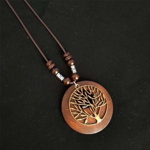2026 autunno retrò Vintage rotondo in legno naturale antico rame placcato gufo fiore albero della vita autunno foglia collana per gli uomini delle donne - Product Image 5